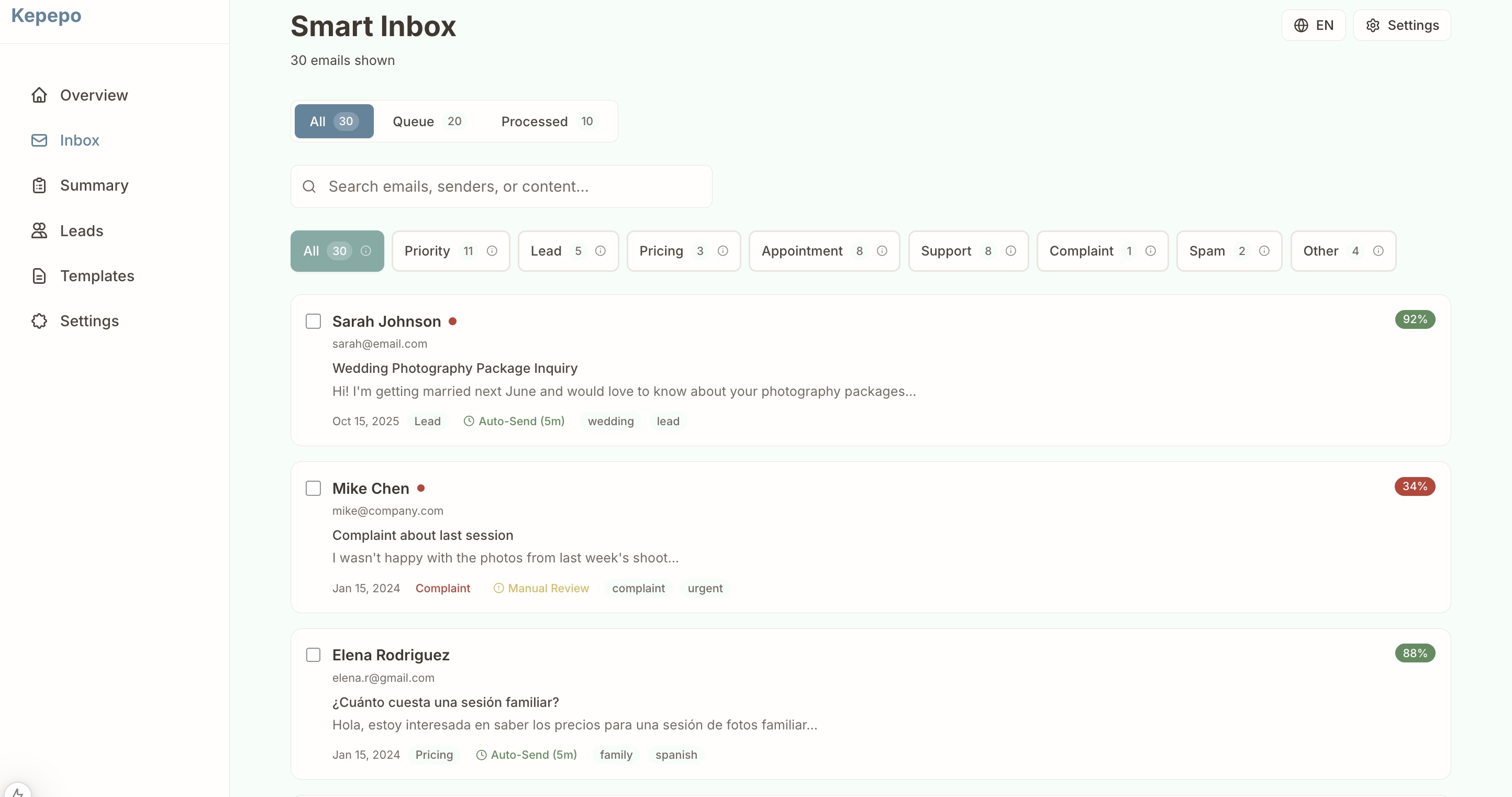 Kepepo smart inbox with AI categorization